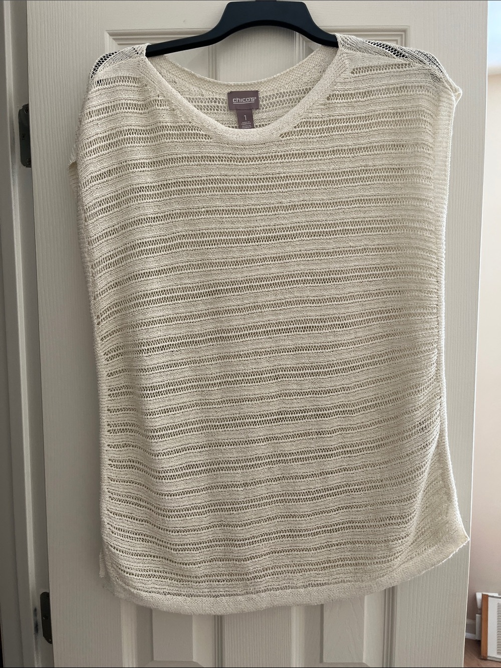 Chico's Cream Open-Weave Short Sleeve Scoop Sweater